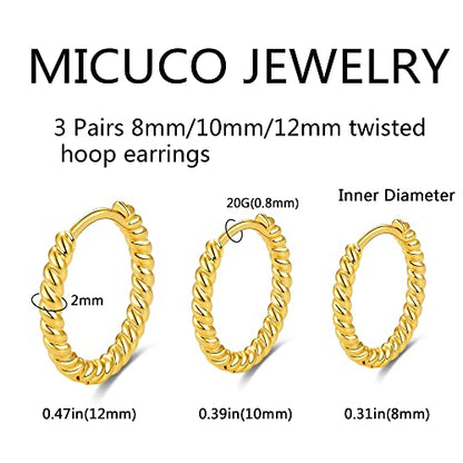 micuco 3 Pairs Small Gold Hoop Huggie Earrings Set for Women Men Tendy | 14K Gold Plated Small Huggie Hoop Earrings for Men, Tiny Cartilage Hypoallergenic Earring Set - style: E# Twisted Gold 8-10-12mm