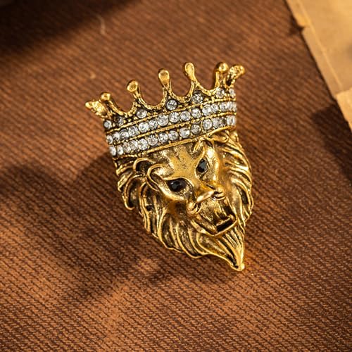HETICA Vintage Animal Dragon Skull Wolf Crown Lion Brooch for Men Women Suit Tie Dress Lapel Pin Fashion Jewelry - style: Vintage Gold Crown Lion