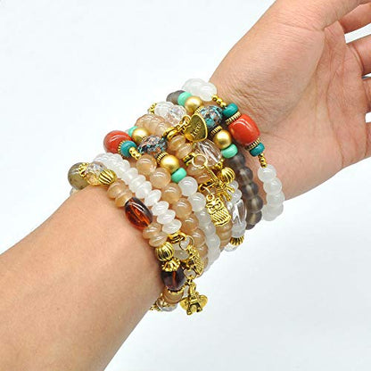 Bohemian Bracelet Sets for Women - 6 Sets Stackable Stretch Bracelets Multi-color Boho Jewelry for Women Hippie Bracelets Dainty Jewelry - color: Owl charm stretch bracelet set