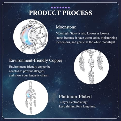 Celestial Bead Charms for Bracelets, Star Moon Dreamcatcher Dangle Charms, Silver Tone Copper, Glass Resin CZ Accents, Charm Beads for Women Jewelry Making, Gift Box Included - color: Moon Star Dreamcatcher Dangle Charm