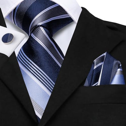 Hi-Tie Men 63inches Tie Set Extra Long Necktie Paisley Tie Pocket Suqare Cufflinks Big and Tall Men Tie - color: Blue White