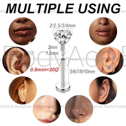 20G Internal Thread Cartilage Earrings Studs Surgical Steel Nose Rings Stud | Flat Back Stud Piercing Jewelry for Tragus/Helix/Conch/Medusa/Lip/Labret - color: BL:7mm;CZ:3mm