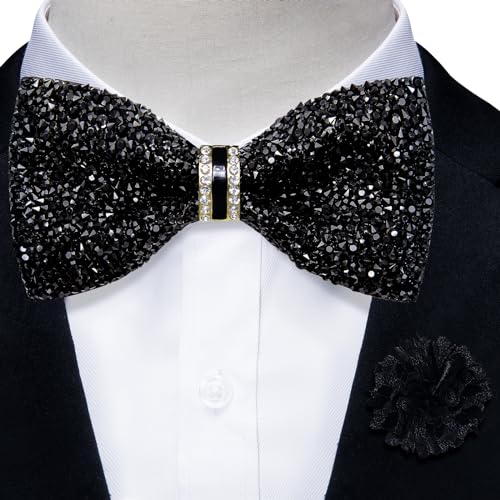 DiBanGu Mens Rhinestone Bow Tie with Ring and Lapel Pin Set | Adjustable Strap,Pre-tied Style,3PCS,Sequin Diamond Bowties，Solid/Mix Color,Shiny Accessory,for Party Prom Banquet Wedding - color: Black