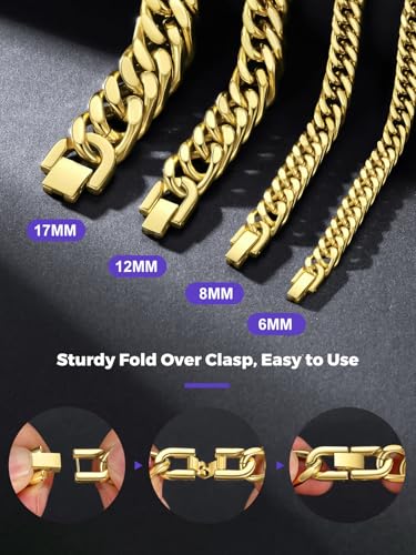 Richsteel Mens Cuban Link Bracelets, Silver/Black/14K Gold Plated Stainless Steel Bracelet for Men 8/12/17mm Width, 7.4/8.2/9 Inch Length Chain Wrist Bracelets With Gifts Box - style: 05-Gold Plated 12mm Width