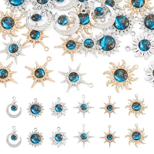 24Pcs Alloy Rhinestone Charms for Jewelry Making, Cute Moon Sun Star Alloy Charm Celestial Blue Rhinestone Dangle Pendants for DIY Necklace Bracelet Earring Jewelry Making Crafts - color: Blue