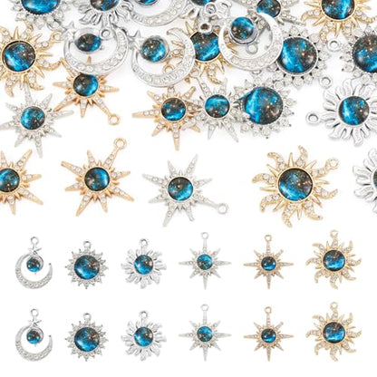 24Pcs Alloy Rhinestone Charms for Jewelry Making, Cute Moon Sun Star Alloy Charm Celestial Blue Rhinestone Dangle Pendants for DIY Necklace Bracelet Earring Jewelry Making Crafts - color: Blue