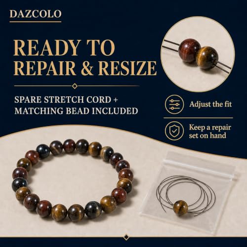 8mm Natural Crystal Stretch Bracelet | Handmade Round Stone Bead Bracelet, Runs Large, Meditation Yoga Gift for Women & Men - color: Multicolor Tiger Eye