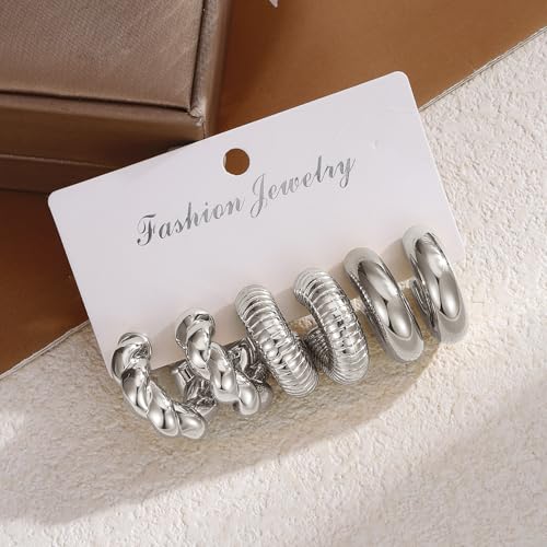 IFKM 24 Pairs Gold Hoop Earrings Set for Women Hypoallergenic Chunky Chain Twisted Open Hoops Dangle Earring Packs for Birthday Party Christmas Fashion Jewelry Gift - color: 9 Pairs Silver