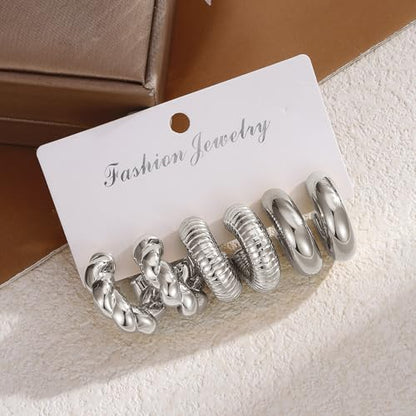 IFKM 24 Pairs Gold Hoop Earrings Set for Women Hypoallergenic Chunky Chain Twisted Open Hoops Dangle Earring Packs for Birthday Party Christmas Fashion Jewelry Gift - color: 9 Pairs Silver