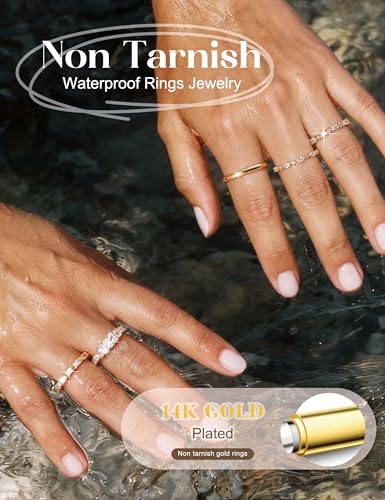 FUNRUN JEWELRY 14K Gold Plated Rings for Women Non Tarnish Stackable Rings Dainty Cubic Zirconia Band Pinky Thumb Knuckle Ring Set Trendy Statement Promise Wedding Thin Stacking Ring Size 5-10 5PCS - style: Dainty-14K Gold Plated