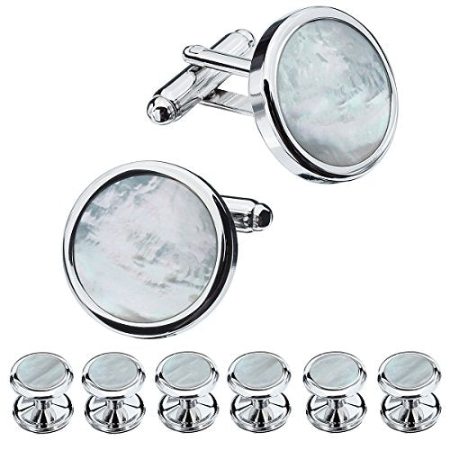 HAWSON Fashion Mother-of-Pearl Tuxedo Shirt Button and Cufflink Set, Specially Designed for Wedding Business - color: Silver Tone- MOP