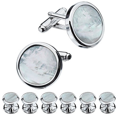 HAWSON Fashion Mother-of-Pearl Tuxedo Shirt Button and Cufflink Set, Specially Designed for Wedding Business - color: Silver Tone- MOP
