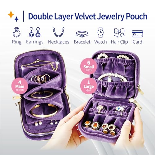 Small Travel Jewelry Case with Earring Box Mini Jewelry Case | Double-Layer Velvet Travel Jewelry Organizer Pouch with 7 grids & 4 Pockets, for Necklace Bracelet, Gifts for Women, Purple - color: Purple double-layer