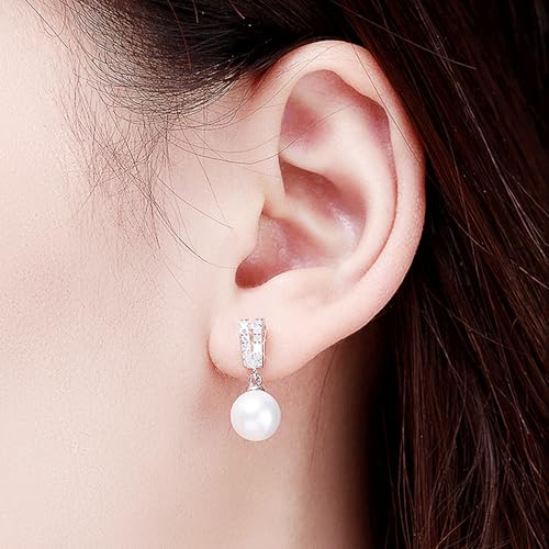 Delicate Imitation Pearl Dangle Earrings with Sparkling CZ for Women - color: Silver Color