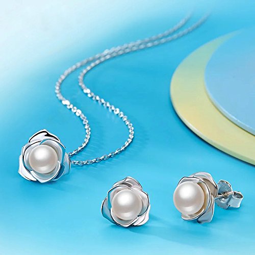 "Lovely Rose" High Polished 925 Sterling Silver Earrings with 7mm Natural Freshwater Pearl - style: Earrings