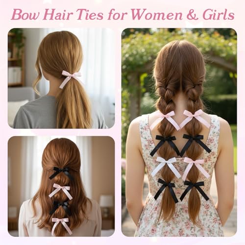 18PCS Silky Satin Hair Bows Ties for Girls, Bowknot Ribbon Ponytail Holders, Ribbon Hair Bows for Women Girls, Elastics Hairscrunchies for Thick Thin, Elastic Hairbands(White/Black/Pink)