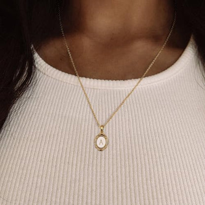 14K Gold Plated Initial Necklaces for Women, Letter Charm Pendant Necklace | Dainty Oval White Enamel Personalized Name Necklace, Trendy Jewelry with 16 inches Chain and 2 inches Extender - color: A