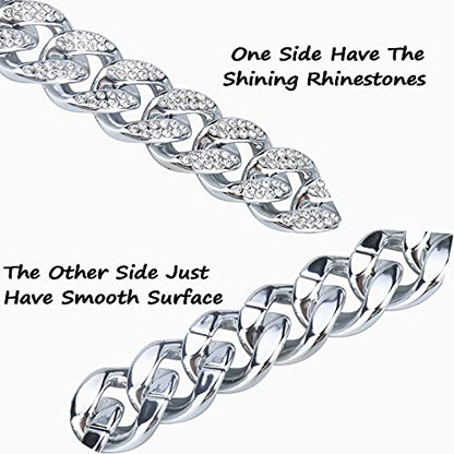 Plastic Shiny CZ Rhinestone Curb Cuban Link Chain Gold Silver Miami Hip Hop Chain Bling Diamond-Cut Chunky Turnover Necklace 80s 90s Costume Accessory for Men Women Unisex - color: Silver
