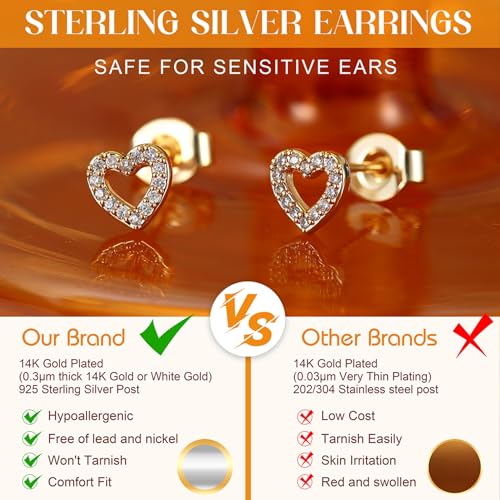 SAILIMUE Hypoallergenic Sterling Silver Stud Earrings for Women Men | Brilliant Heart Knot Round Cubic Zirconia Earring Studs for Sensitive Ears Gold Silver Tone - color: gold-D