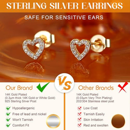 SAILIMUE Hypoallergenic Sterling Silver Stud Earrings for Women Men | Brilliant Heart Knot Round Cubic Zirconia Earring Studs for Sensitive Ears Gold Silver Tone - color: gold-D