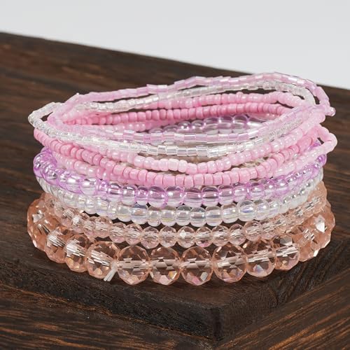 Bohemian Colorful Crystal Glass Beads Seed Beaded Bracelet Handmade Adjustable Stackable Elastic Strand Bangle for Women Summer Beach Hawaii Boho Wristbands Jewelry - color: clear pink