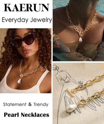 Chunky Gold Necklace for Women Trendy Non Tarnish 14K Gold Plated Paperclip Chain Charm Necklaces Chunky Heart Cross Clover Pearl Pendant Necklace with Toggle Clasp Statement Jewelry Gift for Women - color: B-Pearl