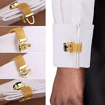 HAWSON Mens Cufflinks with Chain - Stone and Shiny Gold Tone Shirt Accessories - Party Gifts for Young Men - color: 24K Gold Color+Black Crystal