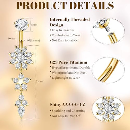 14G G23 Titanium Dangle Belly Button Rings for Women CZ Round Belly Rings Internally Threaded Flower Navel Ring Hypoallergenic Curved Barbell Belly Piercing Jewelry - style: Flower-Gold