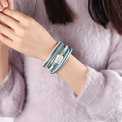 GelConnie Leather Cuff Bracelet Baroque Pearl Wrap Bracelet Gorgeous Gold Tube Bangle Boho Bracelet Bohemian Wristband Jewelry Gift for Women Wife - color: Charm Leather Bracelet-Blue