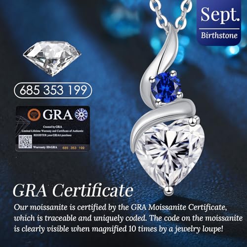 ANDSO Heart Moissanite Necklaces Birthday Jewelry Gifts for Women | S925 Silver /Gold Plating Birthstone Necklace, Ideal Anniversary Christmas Valentine Present for Mom Wife Her Girlfriend - style: Silver-2 Carat-Sapphire Royal Blue