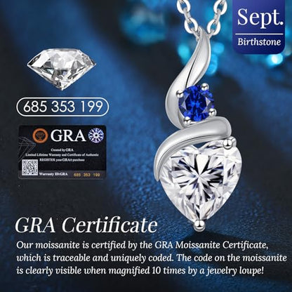 ANDSO Heart Moissanite Necklaces Birthday Jewelry Gifts for Women | S925 Silver /Gold Plating Birthstone Necklace, Ideal Anniversary Christmas Valentine Present for Mom Wife Her Girlfriend - style: Silver-2 Carat-Sapphire Royal Blue