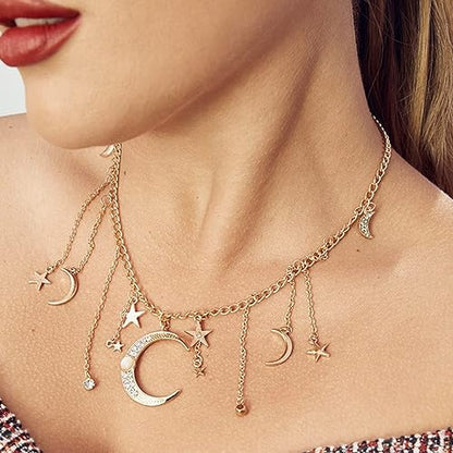 Moon Stars Tassel Pendant Necklaces Big Moon Clavicle Necklace Star Tassel Collarbone Chain Fashion Moon Choker Celestial Star Long Tassel Neck Accessories Jewelry for Women - color: Gold