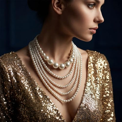 Aurelema Multilayer Long Pearl Necklaces for Women Adult Faux Pearl Tassel Strand Layered Beaded Choker Jewelry for Costume Evening Party Daily Wear
