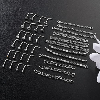 20G Stainlesss Steel Nose Rings Stud Nose Chain Piercing Across Double Nose Stud Womens Nostril Piercing Jewelry - color: L Shaped Silver