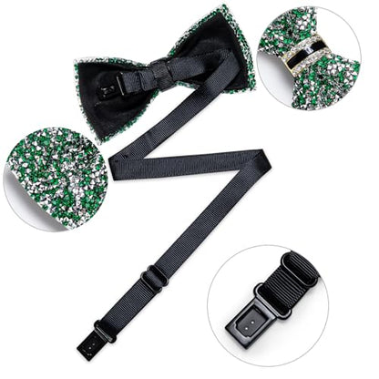 DiBanGu Mens Rhinestone Bow Tie with Ring and Lapel Pin Set | Adjustable Strap,Pre-tied Style,3PCS,Sequin Diamond Bowties，Solid/Mix Color,Shiny Accessory,for Party Prom Banquet Wedding - color: Green and Silver