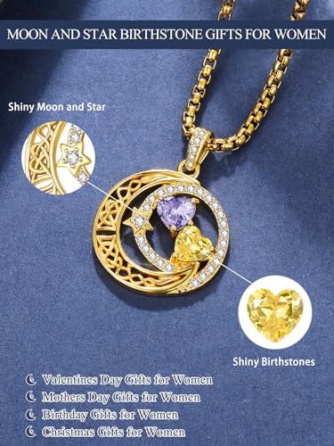 14K Gold Moon and Star Double Birthstone Necklace Gifts for Women | 2 Heart Birthstone Necklace,Mothers Day Wedding Anniversary Birthday Gifts for Wife Mom Daughter Grandma Sister - color: 06-11-Jun-Nov Birthstone