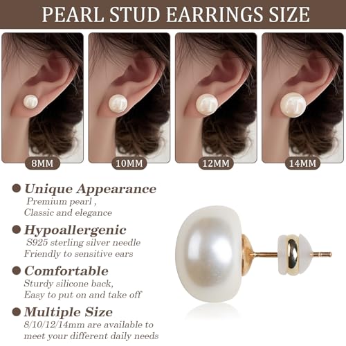 4 Pairs Pearl Stud Earrings Sterling Silver Earring Set | 14K Plated Gold Hypoallergenic Earring stud Large size Round pearl 8mm-14mm Set Earrings for women - style: Flat Round-4 Pairs