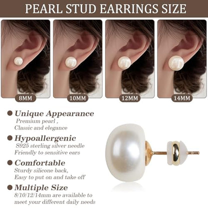 4 Pairs Pearl Stud Earrings Sterling Silver Earring Set | 14K Plated Gold Hypoallergenic Earring stud Large size Round pearl 8mm-14mm Set Earrings for women - style: Flat Round-4 Pairs