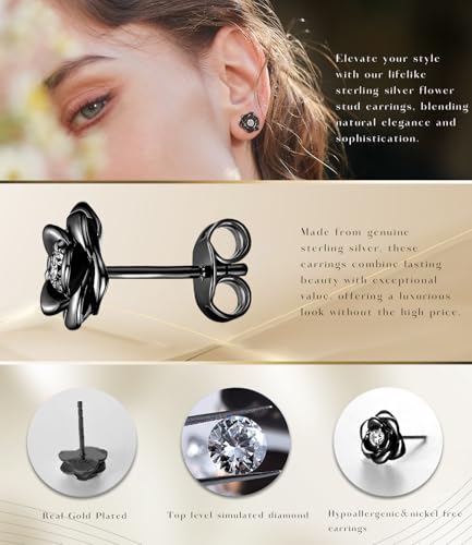 Gold Plated Sterling Silver Rose Flower Earring Studs, Hypoallergenic & Nickel Free Earrings for Women - color: Black Gold Plated Silver, size: 9.0 Millimeters