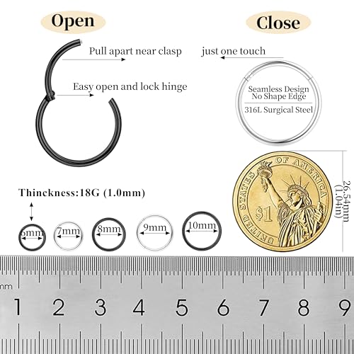 10Pcs 18G 20G Surgical Steel Nose Rings Hoops for Women Men Hinged Seamless Clicker Nose Hoops Cartilage Helix Tragus Daith Sleeper Earrings Hoop Hypoallergenic Nose Piercing 6/7/8/9/10MM - color: silver and black, size: 18G