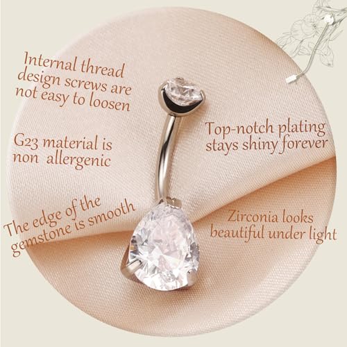 AROWRO Gold Belly Button Ring G23 Titanium Hypoallergenic 14G belly ring for Women Men Teardrop Navel Piercing Jewelry 10mm Barbell With Cubic Zircon - color: Silver+Teardrop Clear CZ