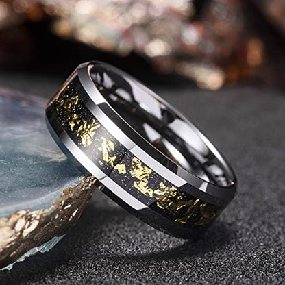 King Will Mens Wedding Band with Foils Inlay, Black/Silver/Gold Beveled Edge Glowstone Ring, 6mm/8mm Tungsten Carbide Rings Comfort Fit - color: Silver&Gold-8mm