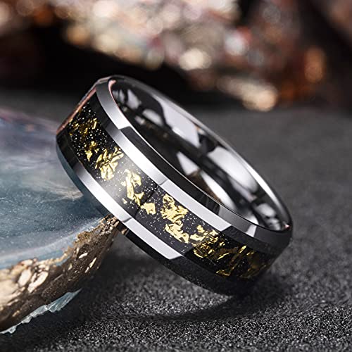 King Will Mens Wedding Band with Foils Inlay, Black/Silver/Gold Beveled Edge Glowstone Ring, 6mm/8mm Tungsten Carbide Rings Comfort Fit - color: Silver&Gold-8mm