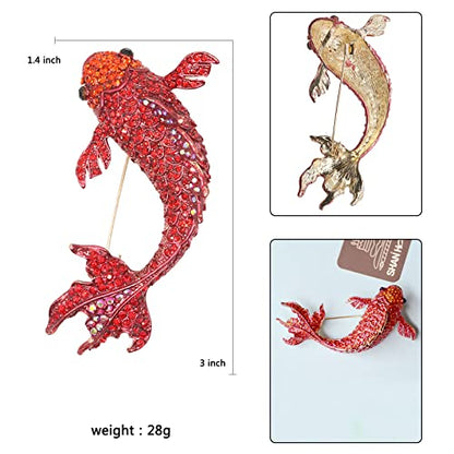 Red Koi Fish Carp Crystal Brooches Cute Enamel Rhinestone Ocean Animal Lapel Brooch Pins Fashion Jewelry for Womens Girls Gift (Large koi)