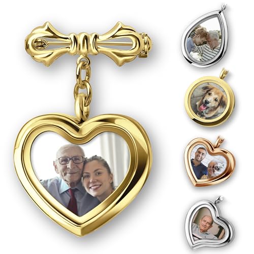 Personalized Photo Wedding Bouquet Charm, Double Sided Round Glass Photo Locket Pendant Pin Brooch, Handmade Memorial Picture Frame Bridal Shower Gift For Bride & Groom - color: Heart - Gold