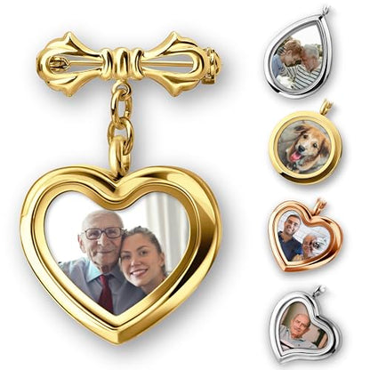 Personalized Photo Wedding Bouquet Charm, Double Sided Round Glass Photo Locket Pendant Pin Brooch, Handmade Memorial Picture Frame Bridal Shower Gift For Bride & Groom - color: Heart - Gold