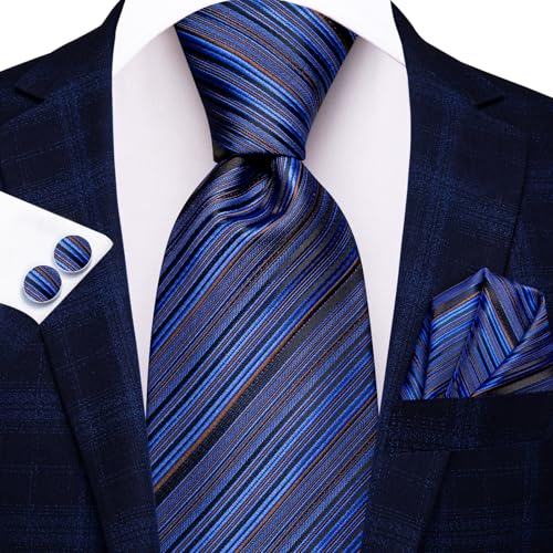 Hi-Tie Men 63inches Tie Set Extra Long Necktie Paisley Tie Pocket Suqare Cufflinks Big and Tall Men Tie - color: Blue Black