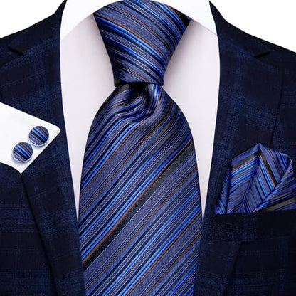 Hi-Tie Men 63inches Tie Set Extra Long Necktie Paisley Tie Pocket Suqare Cufflinks Big and Tall Men Tie - color: Blue Black