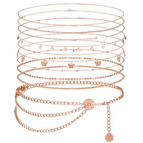 Lenwen 10 Pcs Summer Beach Belly Chain Adjustable Waist Multi Layered Chain Waist Jewelry for Women Girls Multilayer Body - color: Rose Gold, style: Stylish Style