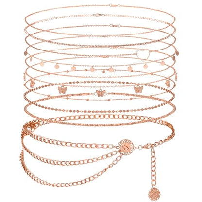 Lenwen 10 Pcs Summer Beach Belly Chain Adjustable Waist Multi Layered Chain Waist Jewelry for Women Girls Multilayer Body - color: Rose Gold, style: Stylish Style